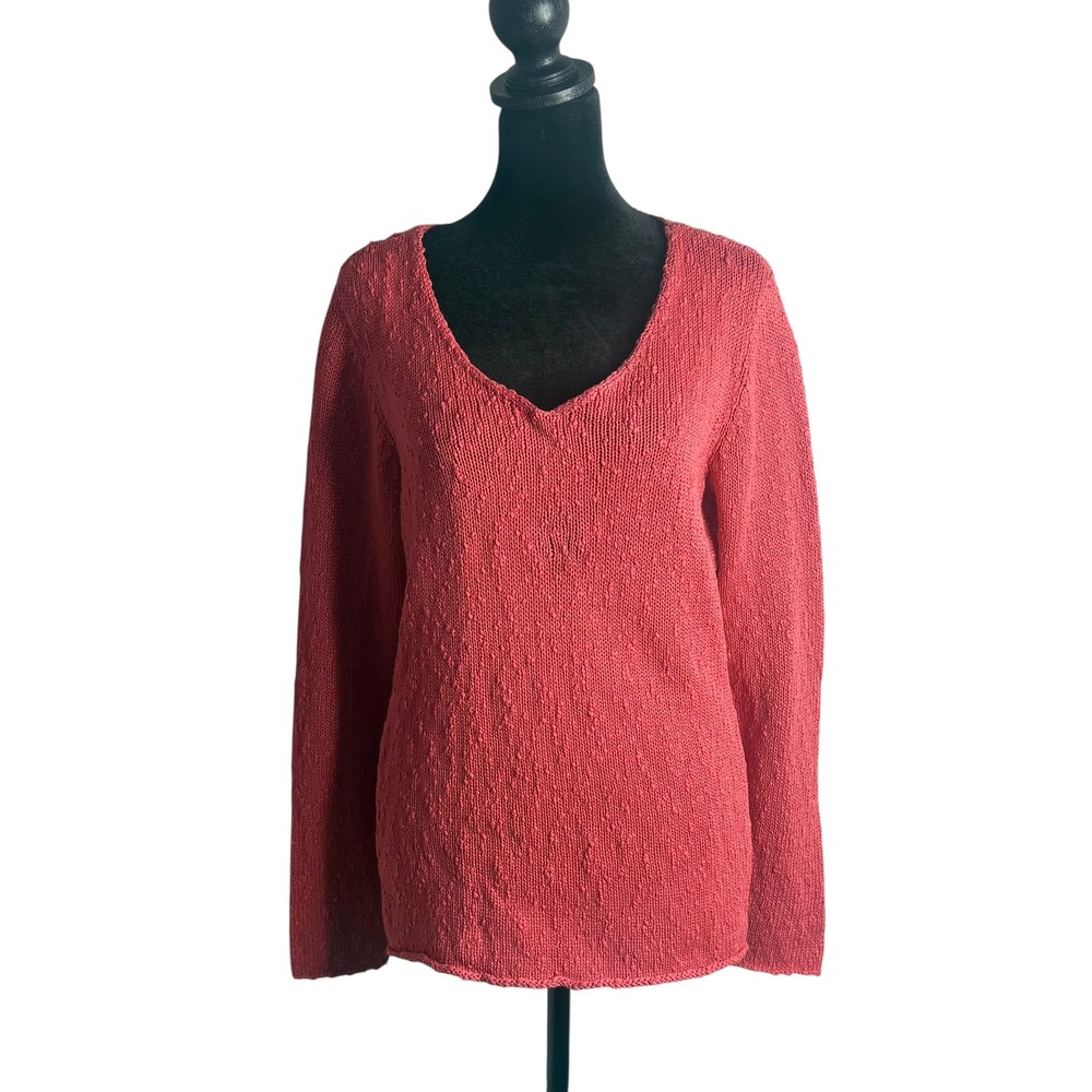 Eileen Fisher Cotton Knit V Neck Sweater Size M Long Sleeve Textured Minimalist‎